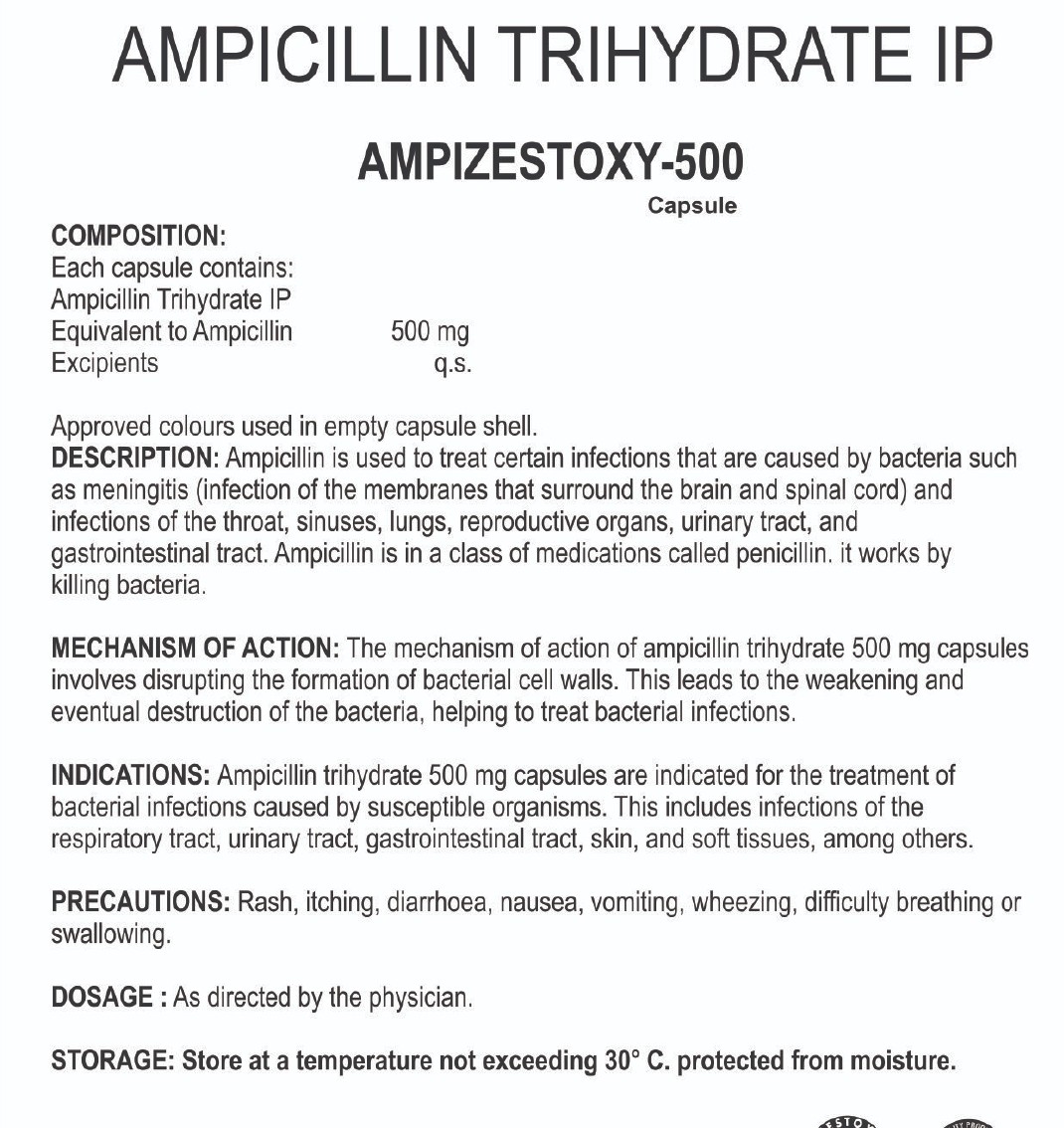 EACH CAPSULE CONTAINS:- AMPICILLIN TRIHYDRATE IP EQUIVALENT TO AMPICILLIN 500 MG EXCIPIENTS Q.S. APPROVED COLOUR USED IN EMPTY CAPSULE SHELLS.